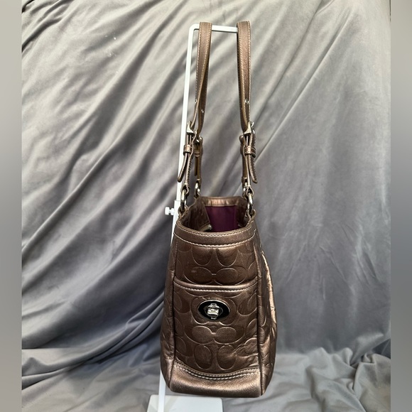 Coach Metallic Large Tote with Dust Bag • Embossed Monogram Coach • Gold Bronze - Picture 6 of 16